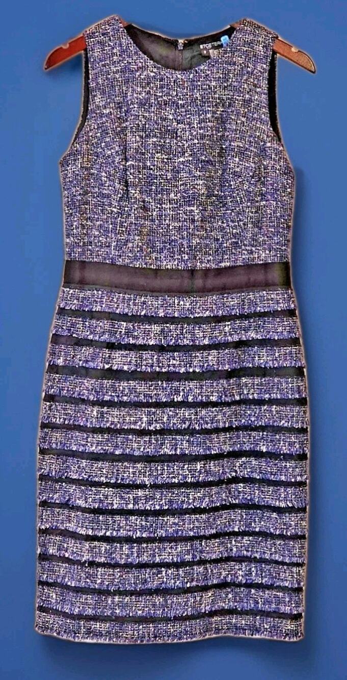 Etcetera Women's Sheath Dress Size 8 Virgin Wool Silk Blue Black Grey Tweed